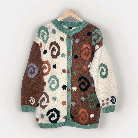 Vintage Tejidos‎ Otavalo Indiginous Made Ecuador 100% Wool Button Cardigan - Picture 1 of 5